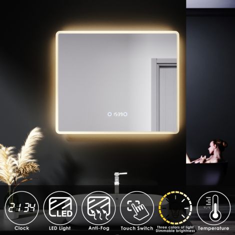 ELEGANT 600X500mm Bathroom LED Illuminated Mirror with Anti-fog Touch Bottom & Time Display